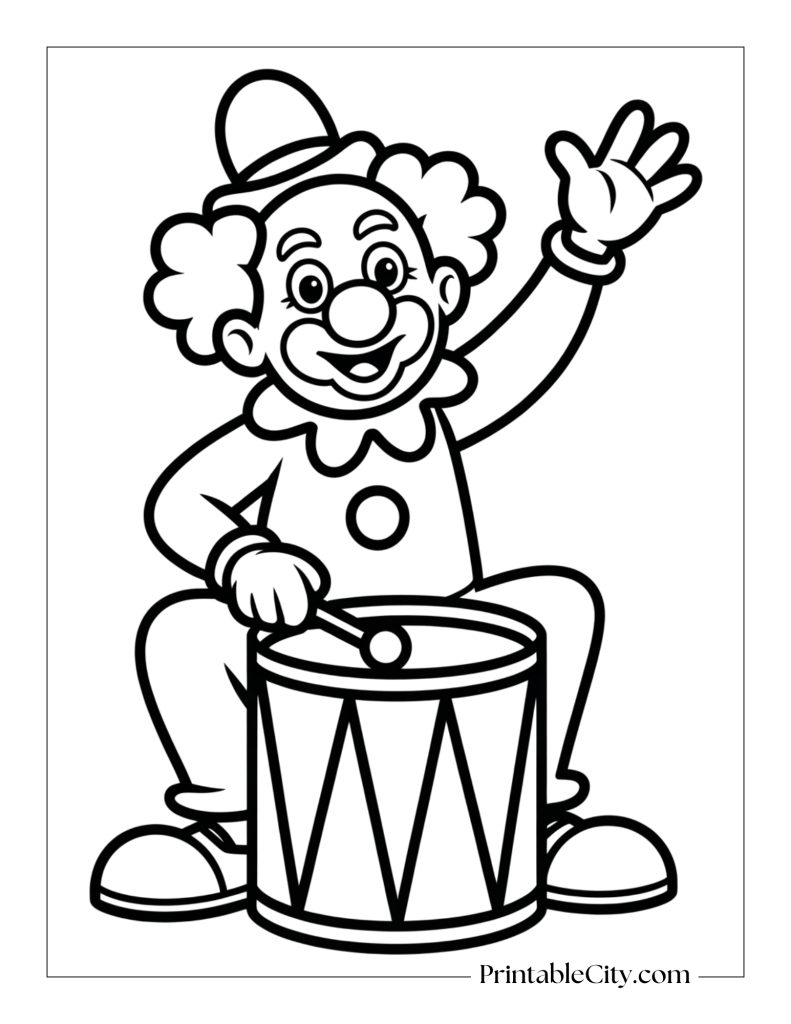 clown on drums and waving coloring page