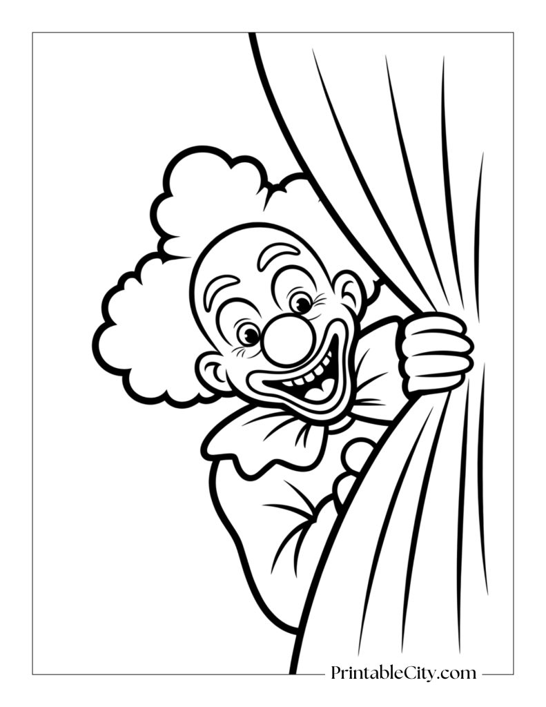 clown behind a curtain coloring page