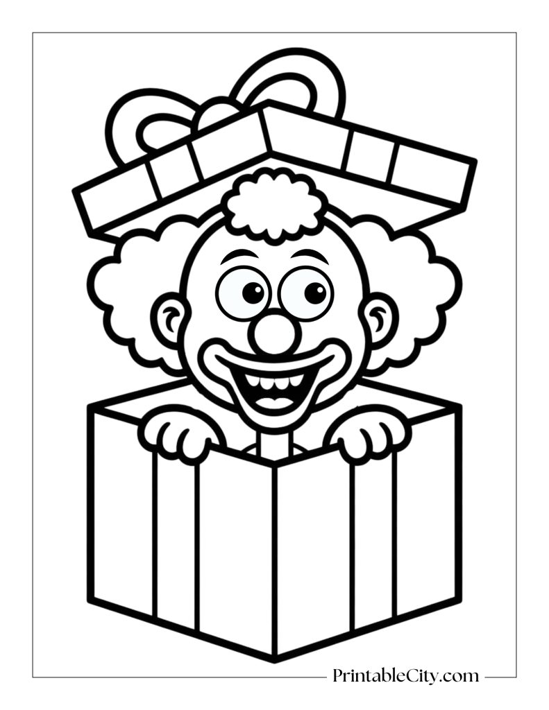 Clown peeking out of a gift box coloring page