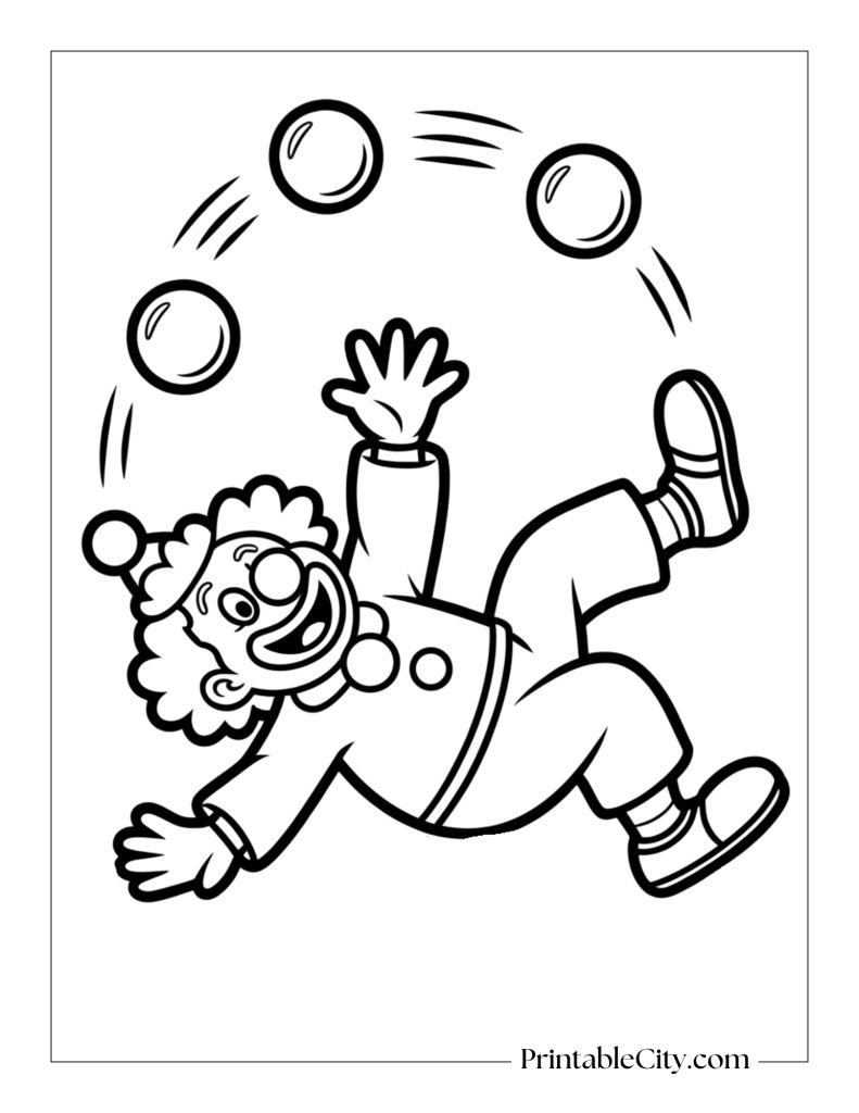 clown falling on the floor while juggling coloring page