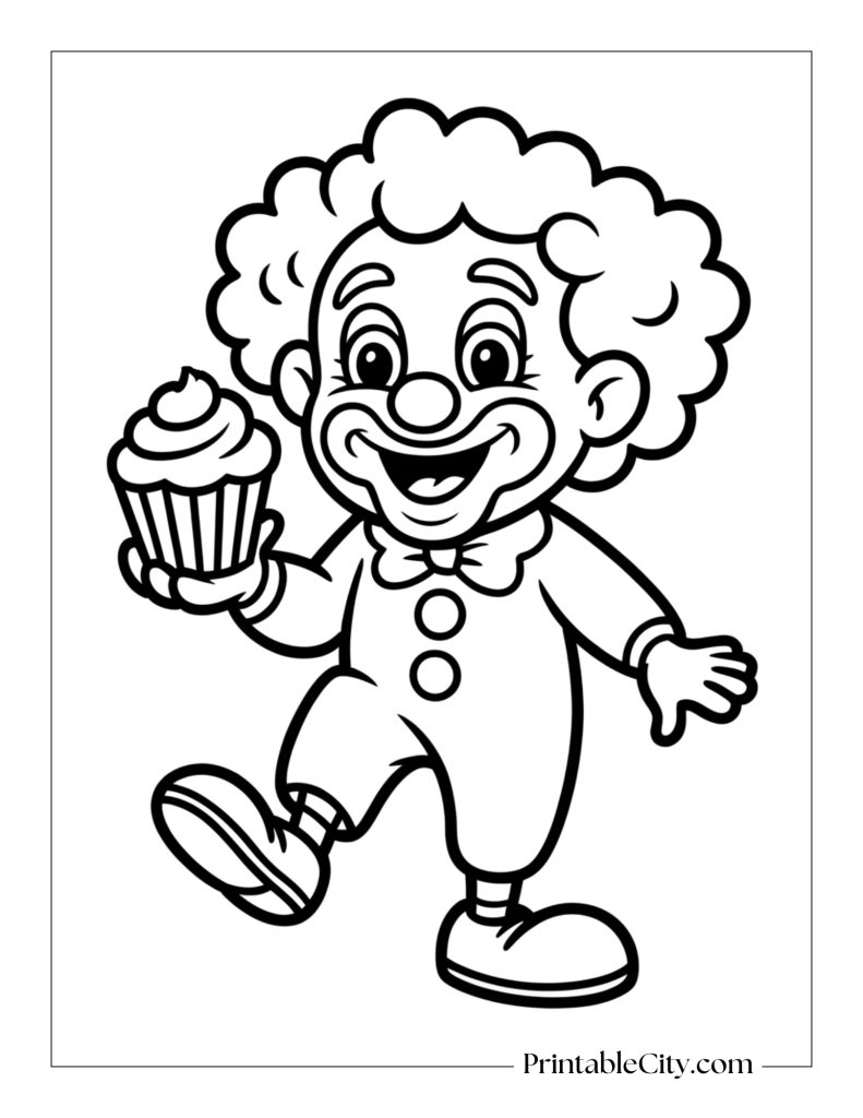 clown holding a cupcake coloring page