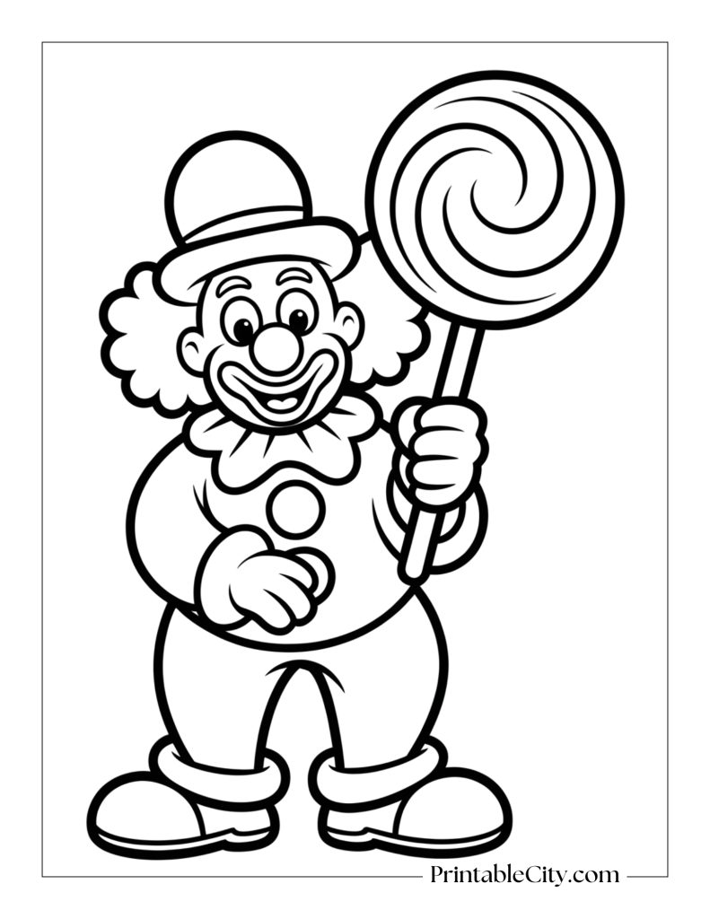 clown holding a giant lolipop coloring page