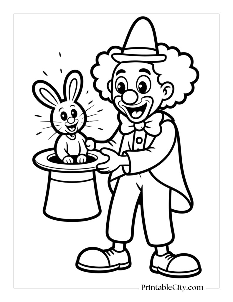 clown pulling rabbit out of hat magic coloring page