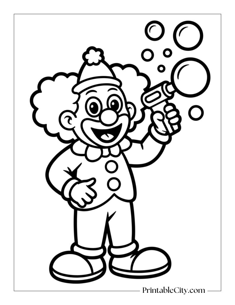 clown playing with toy bubble gun coloring page