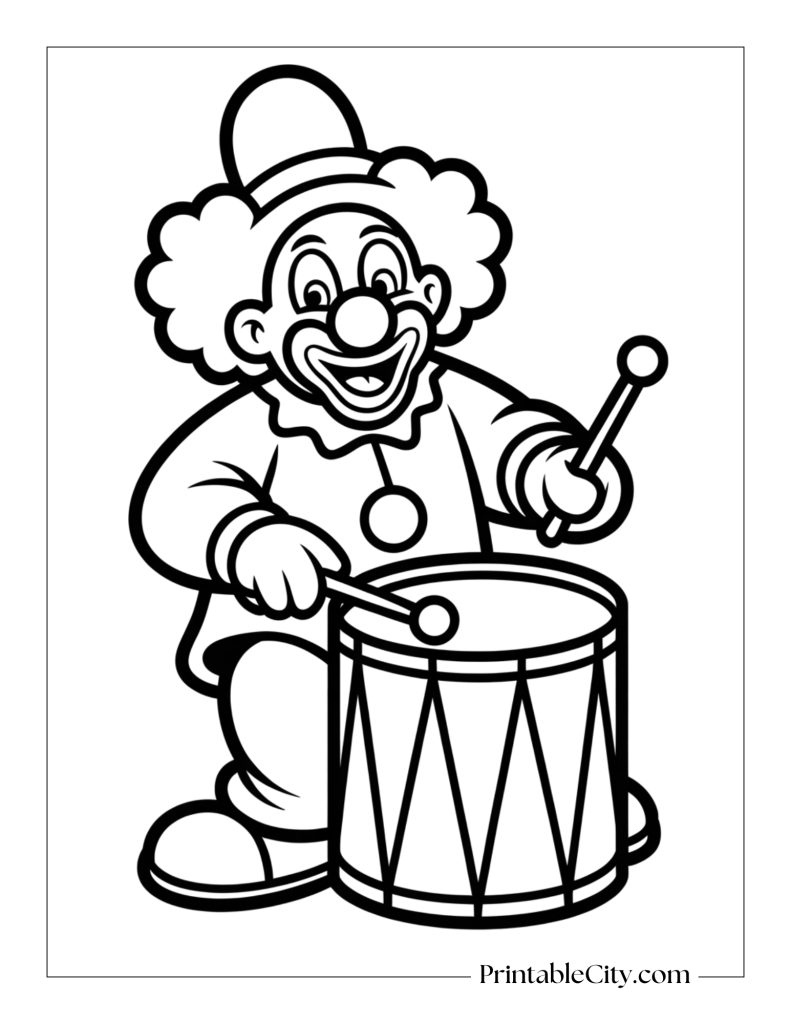 clown strumming drums coloring page