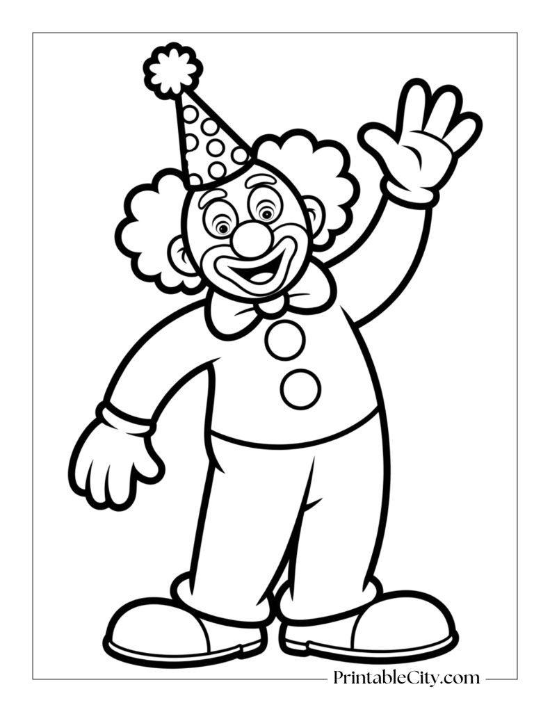 happy clown waving coloring page