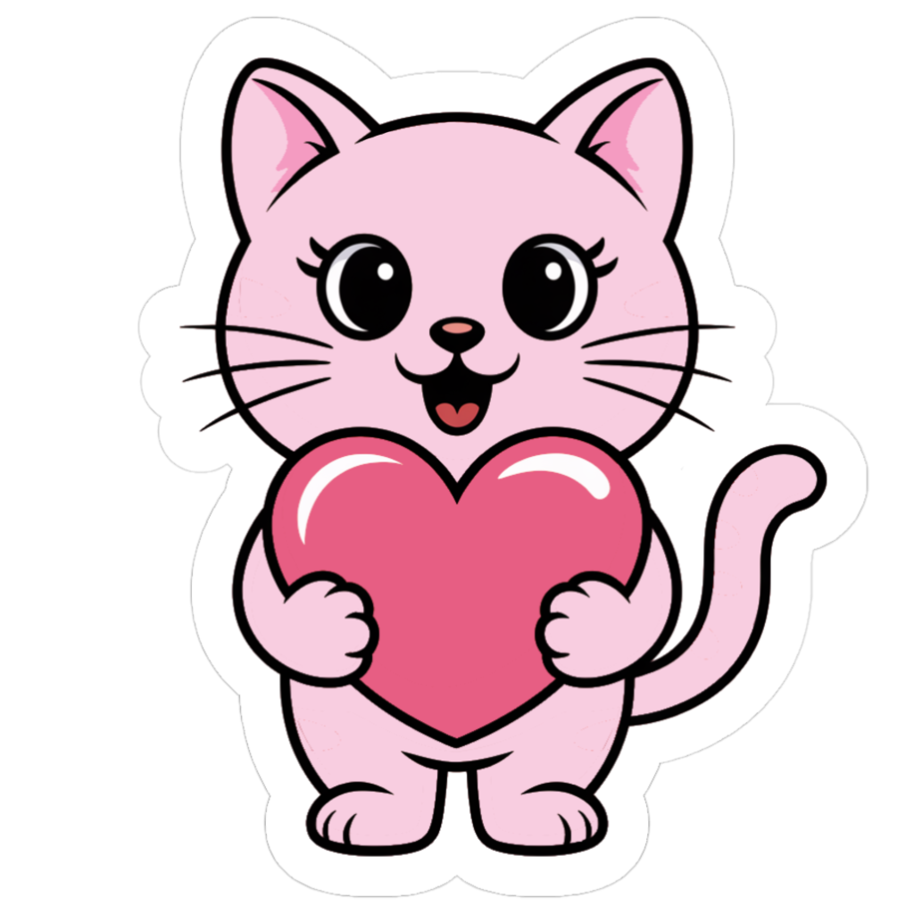 cute pink cat holding a love heart sticker