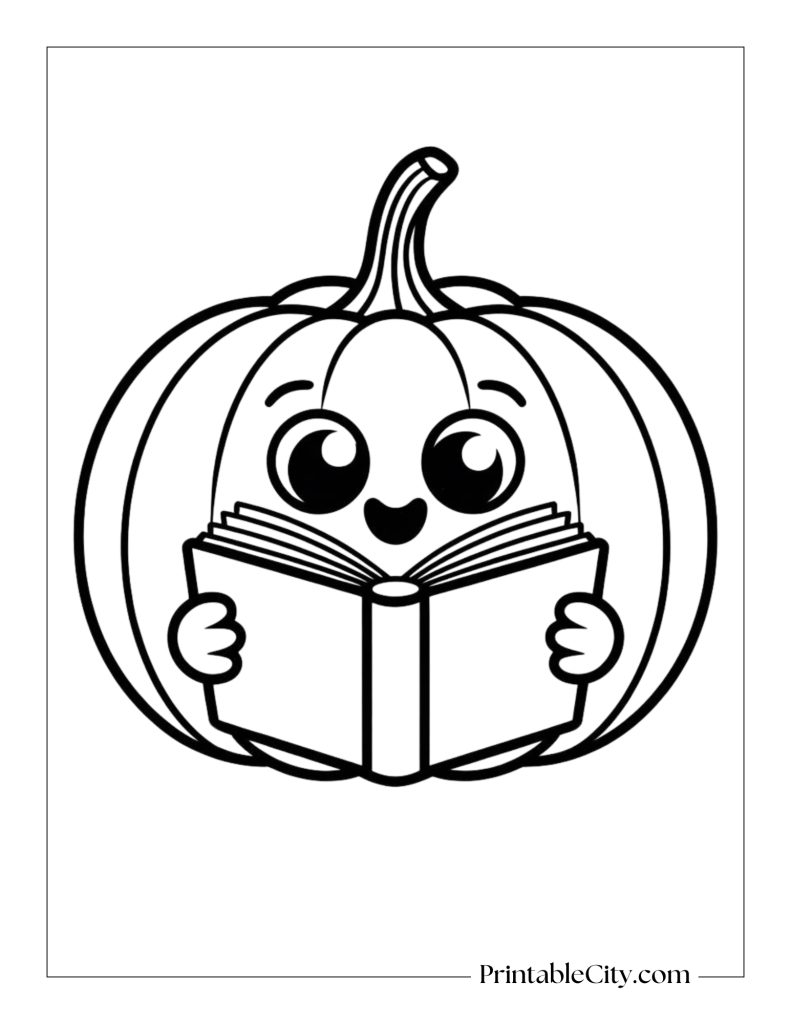 cute pumpkin reading a book coloring page.