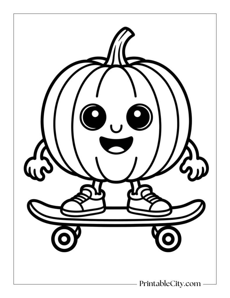 cute pumpkin on a skating board coloring page
