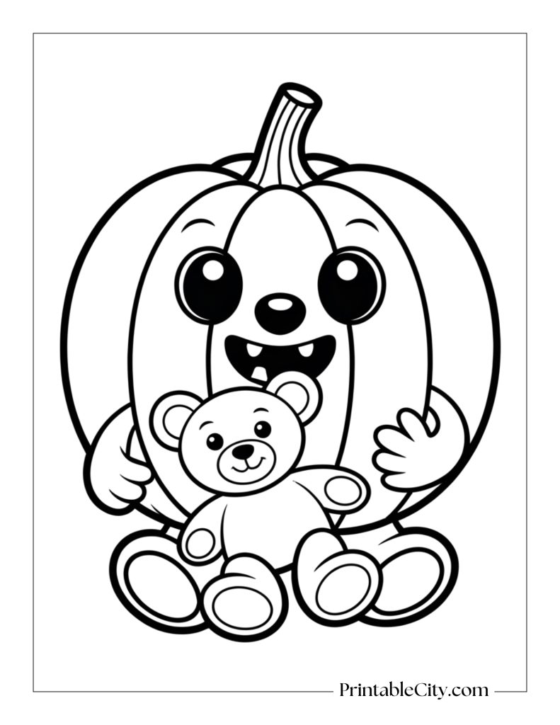 cute pumpkin holding a teddy bear coloring page