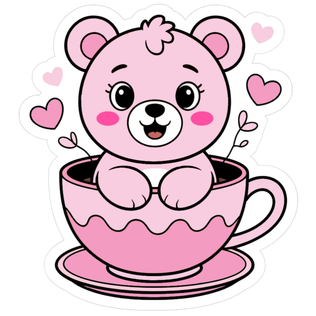 cute pink bear sitting in a pink tea cup sticker