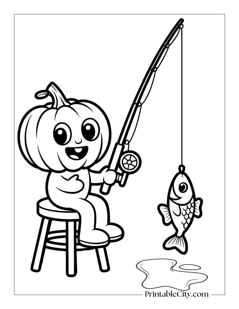 cute pumpkin fishing coloring page