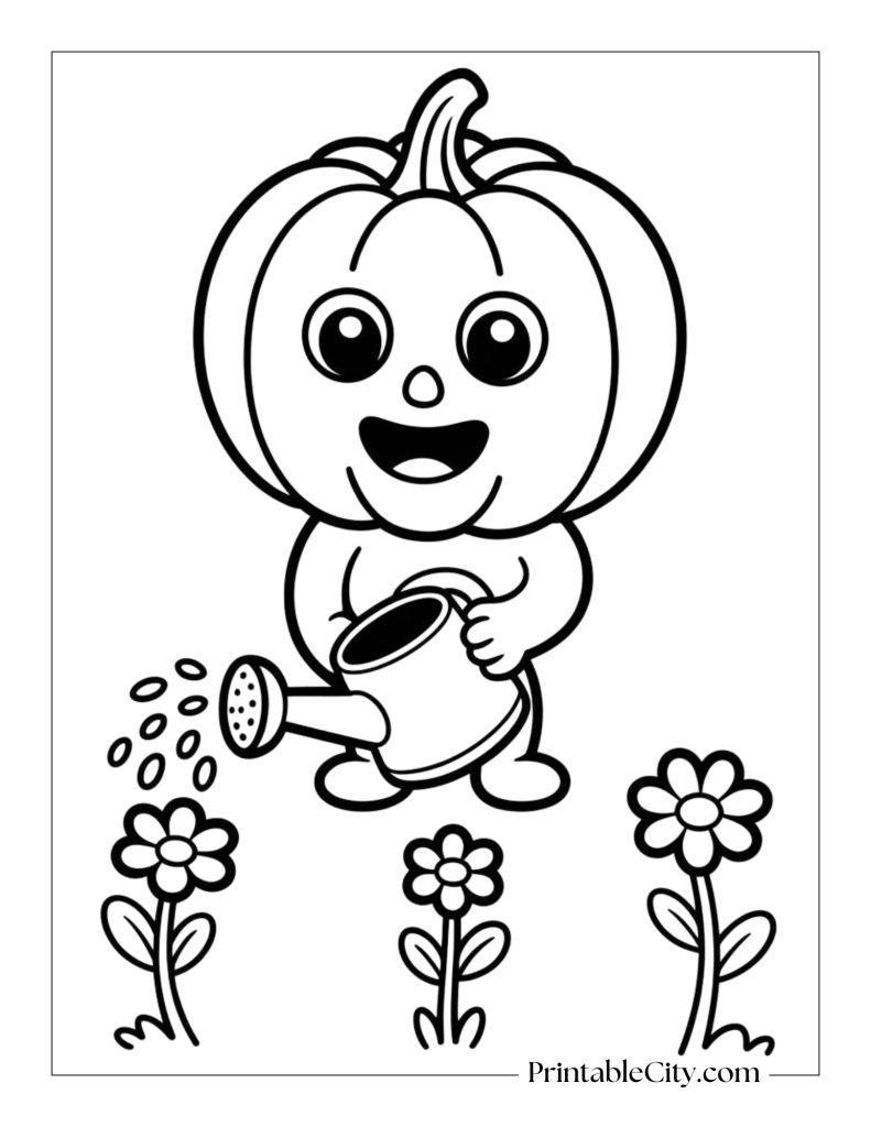 cute pumpkin gardening coloring page