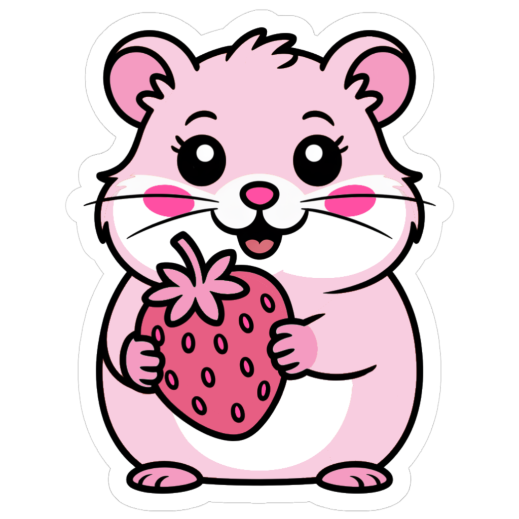 Cute pink hamster holding a pink strawberry sticker