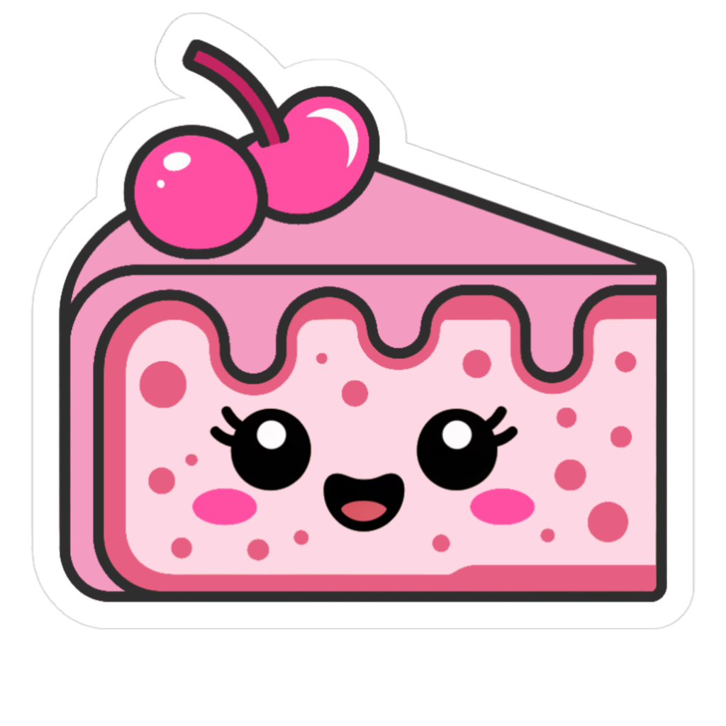 pink printable sticker of a cake slice with two cherries on top