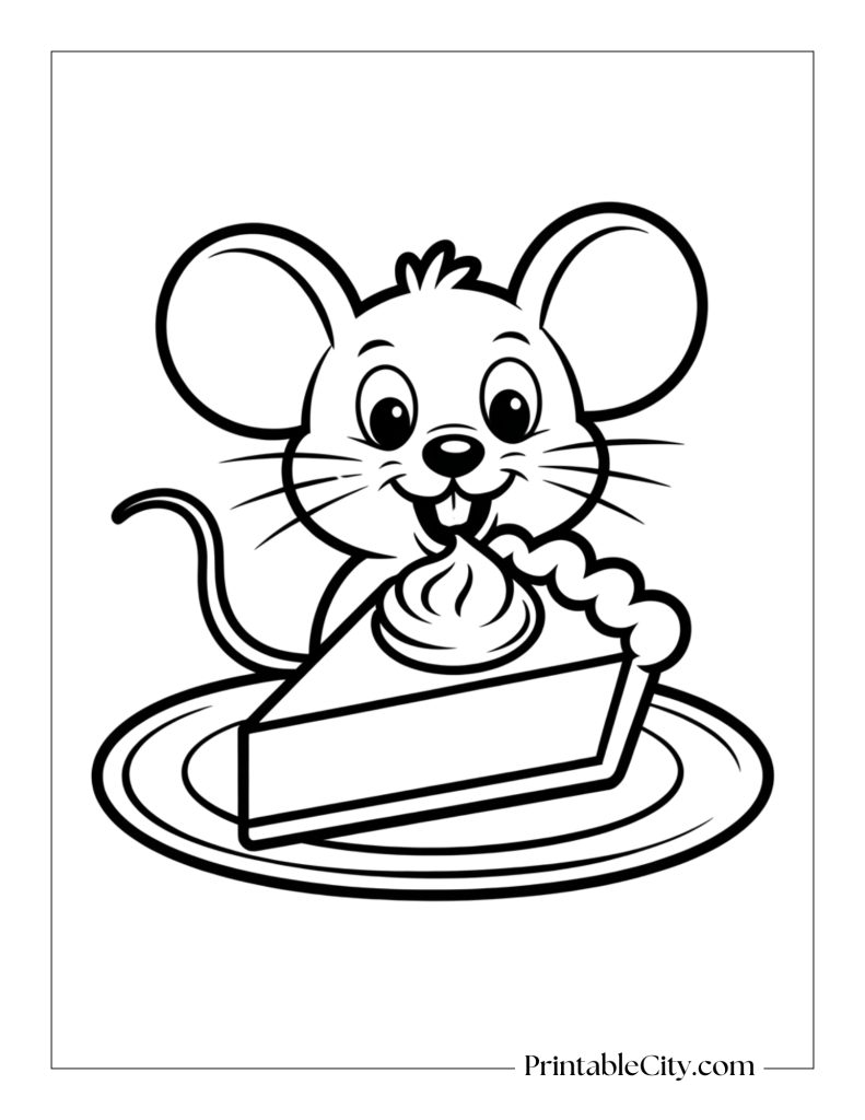 Cheeky mouse eating pumpkin pie coloring page
