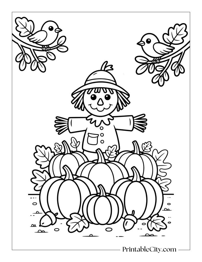 pumpkins at fall in a field with a scarecrow coloring page