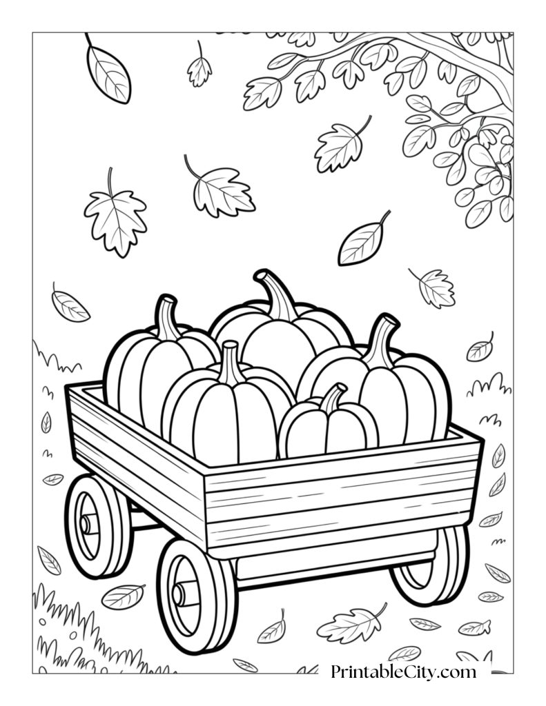 wooden cart filled with pumpkins at fall coloring page