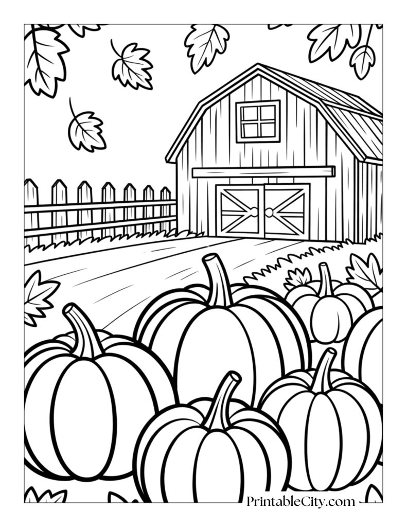 pumpkins by a barn at fall, coloring page