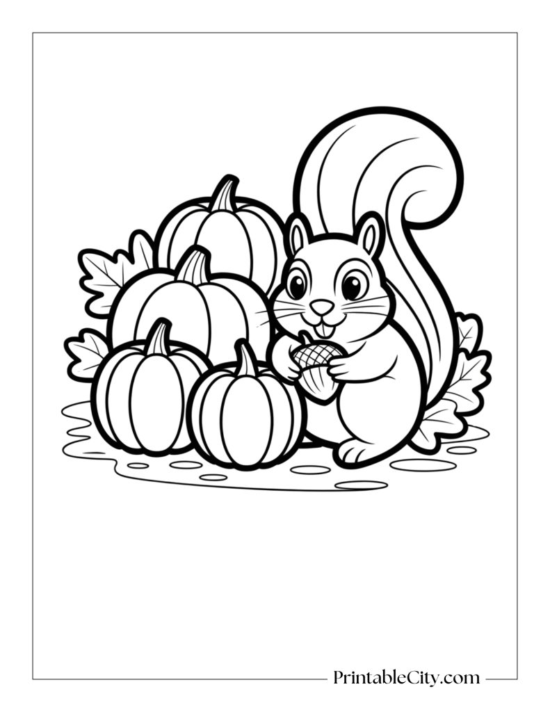 Squirrel leaning on a pile of pumpkins and holding an acorn, fall coloring page