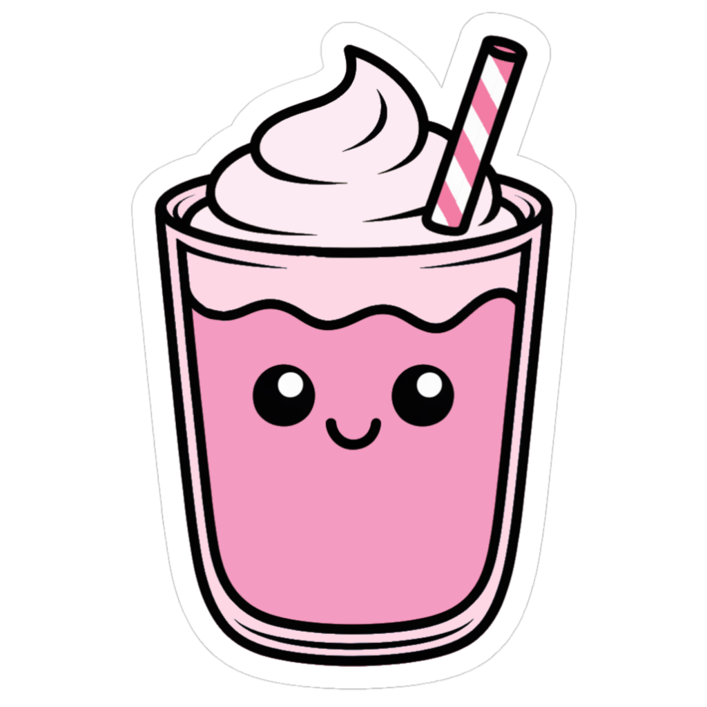 Pink glass of pink milkshake with pink whipped cream and a pink straw sticker