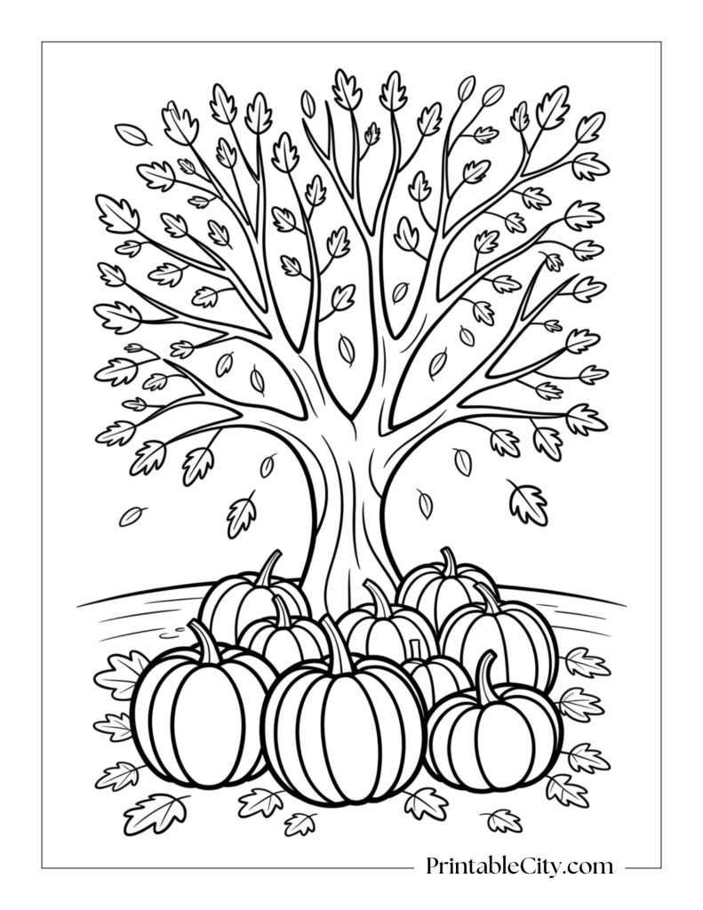 Pumpkins under an autumn tree, coloring page