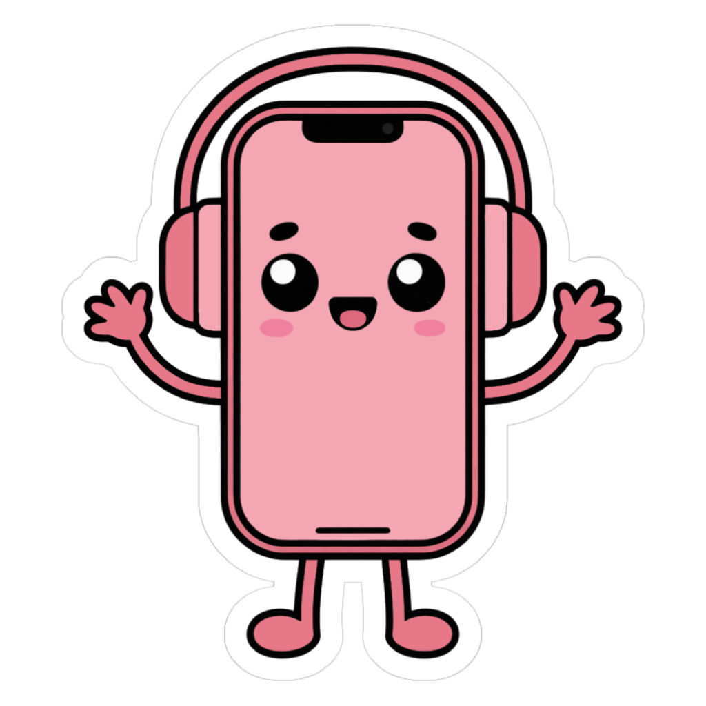 pink smiling smartphone with cute pink arms and legs wearing pink ear phones