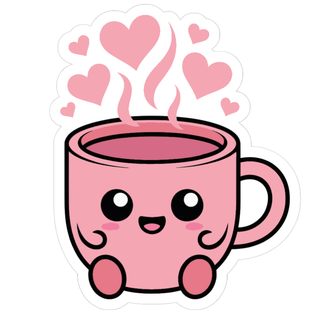 Cute pink tea cup with steaming love hearts and tiny legs