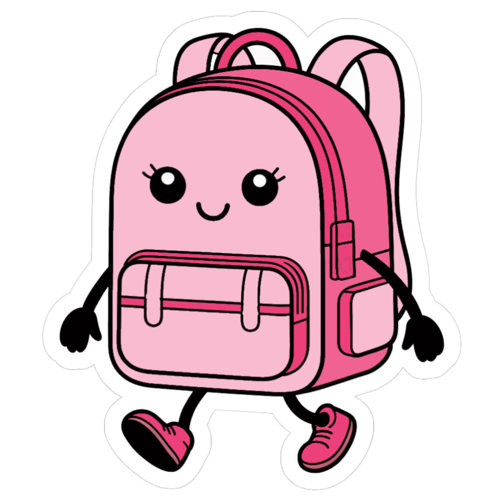 cute pink backpack sticker with a smiley face and legs walking to school