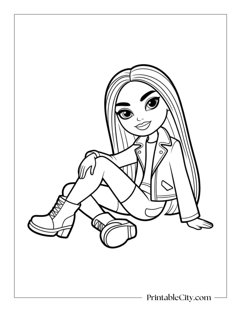 Free Bratz baddie coloring page of girl sitting in boots and jacket with long straight hair