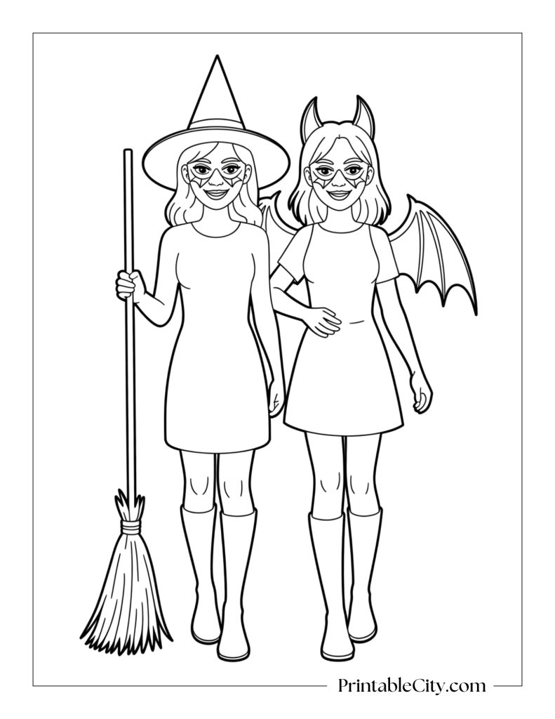 Free printable coloring page of witch and devil friends in baddie style.