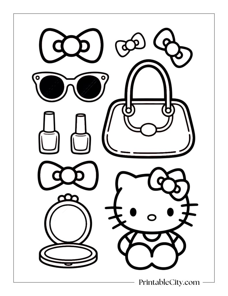 Free Hello Kitty coloring page with cute bows, purse, sunglasses, and nail polish accessories