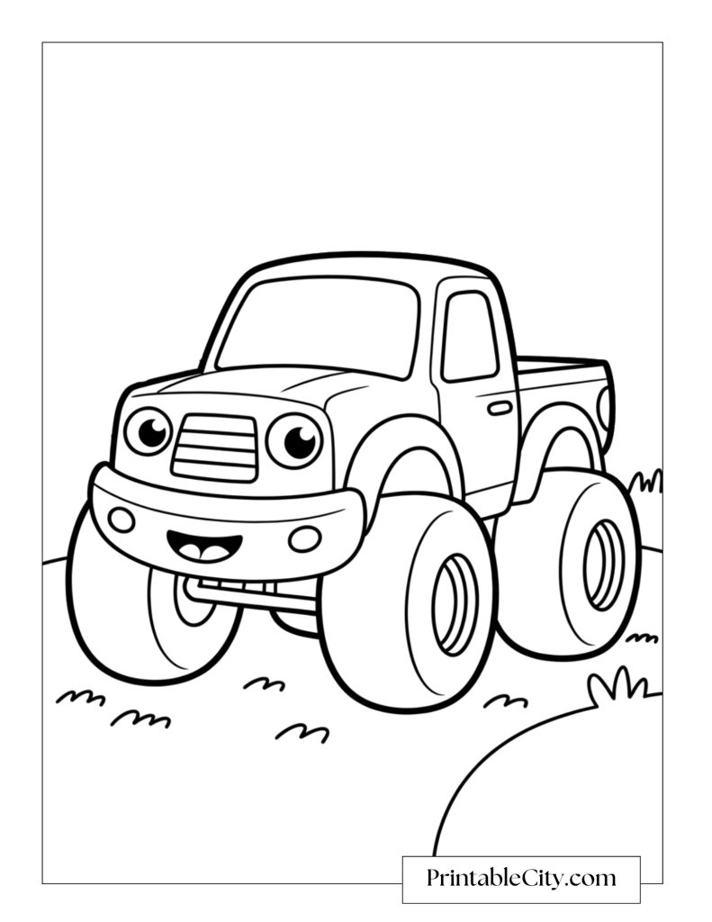 Coloring page of a cute cartoon monster truck with big wheels and a smiling face parked on a grassy path.