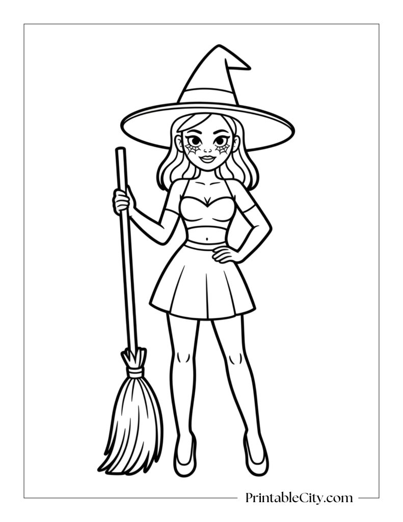 Halloween baddie witch coloring page holding broom in cute confident pose.