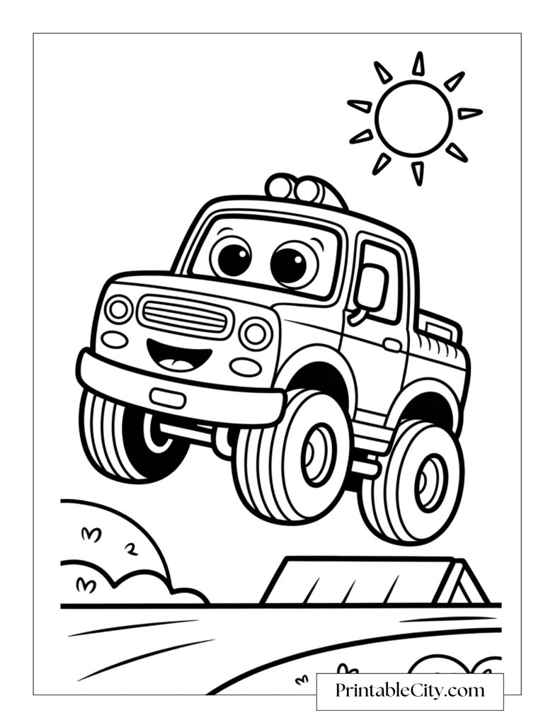 Coloring page of a cartoon monster truck jumping off a ramp with big wheels and a cheerful face under a bright sun.