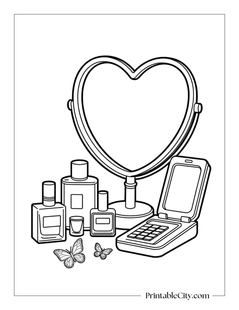 Free Y2K aesthetic coloring page with heart mirror, flip phone, perfume, and butterflies.