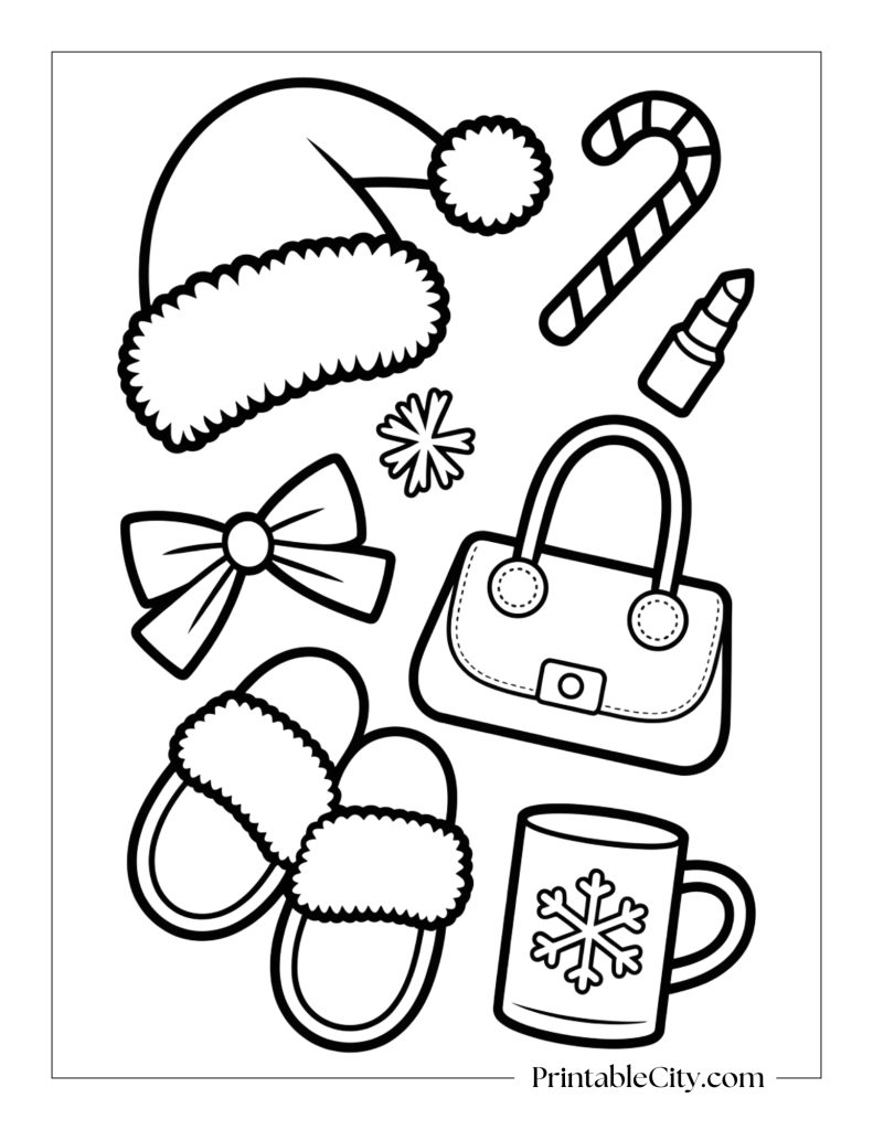 Christmas baddie icons coloring page with Santa hat, candy cane, bow, mug, and cute accessories