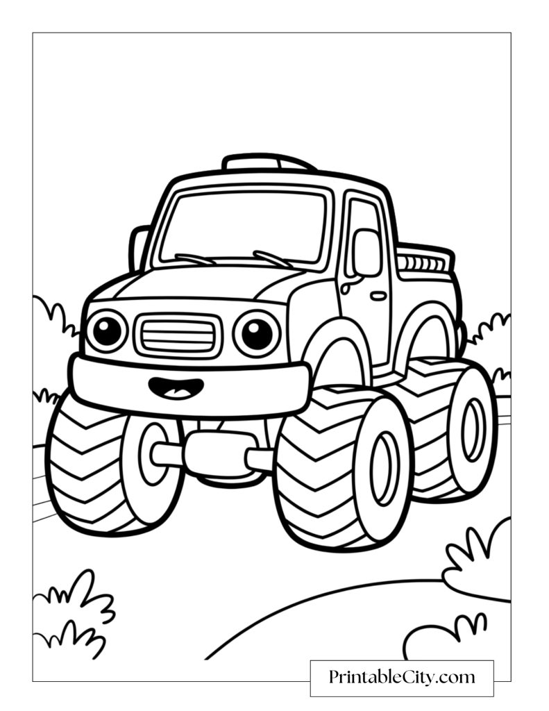 Coloring page of a happy cartoon monster truck driving along a winding dirt path surrounded by bushes.