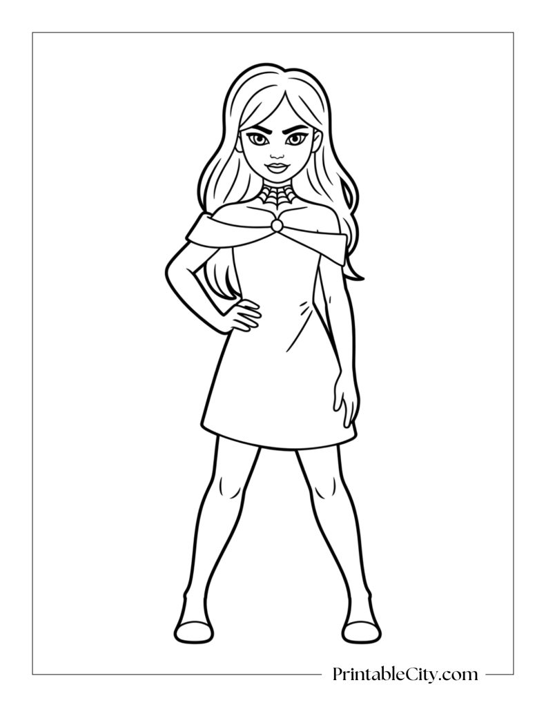 Printable Halloween baddie girl coloring page with spiderweb choker.