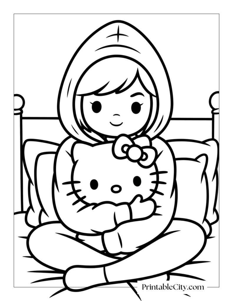 Free printable Hello Kitty coloring page with girl hugging plush Hello Kitty on her bed.