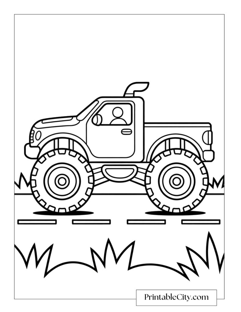 Coloring page of a monster truck driving on a road with large wheels, a visible driver, and simple grassy background details.