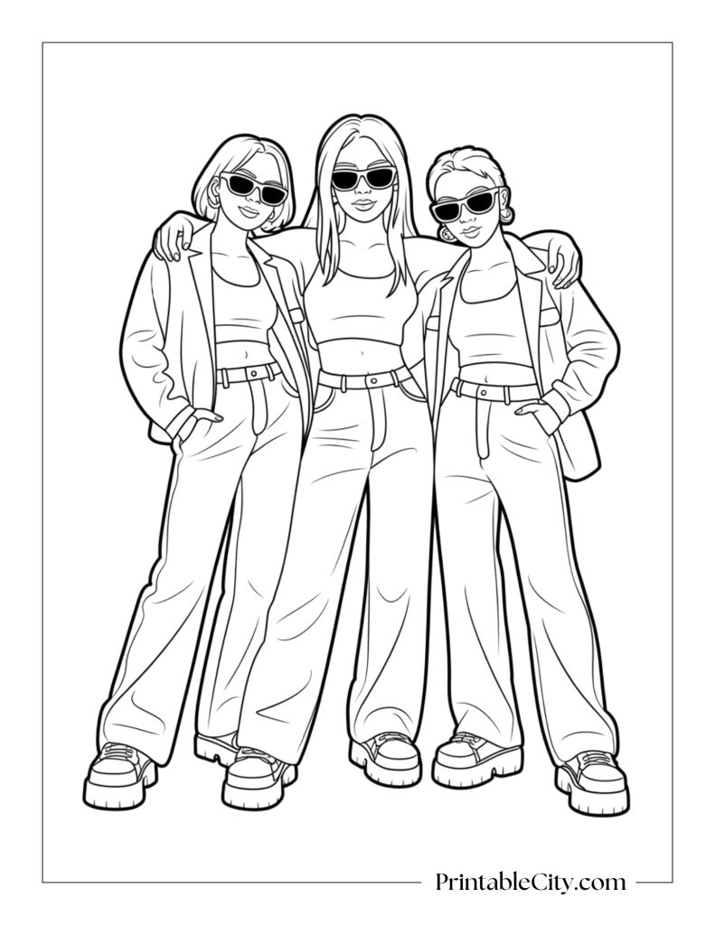 Free printable Y2K baddie coloring page with three stylish friends in sunglasses posing