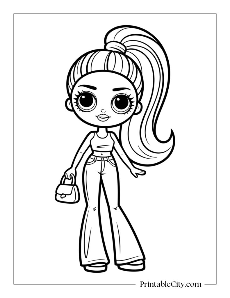 rintable Bratz baddie coloring page with girl holding a purse and wearing flared jeans