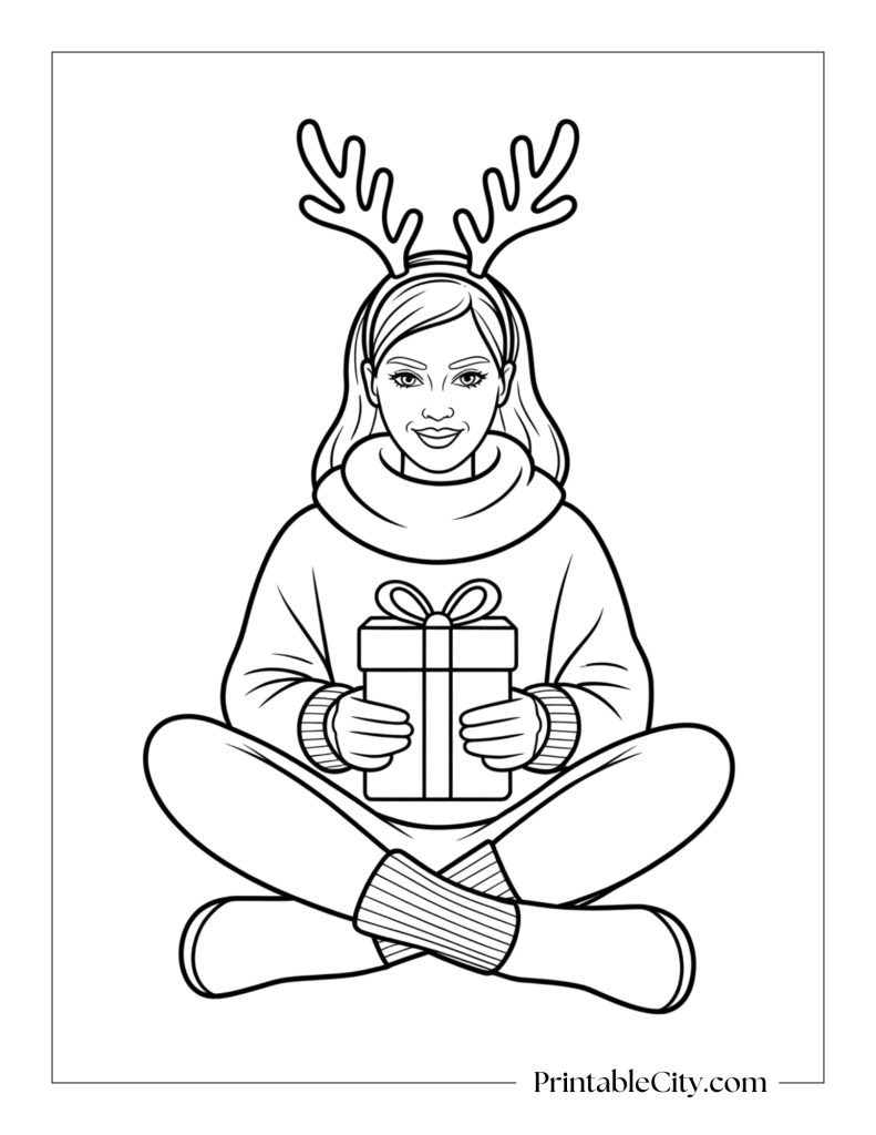 Free Christmas baddie coloring page with girl in reindeer antlers holding a wrapped gift