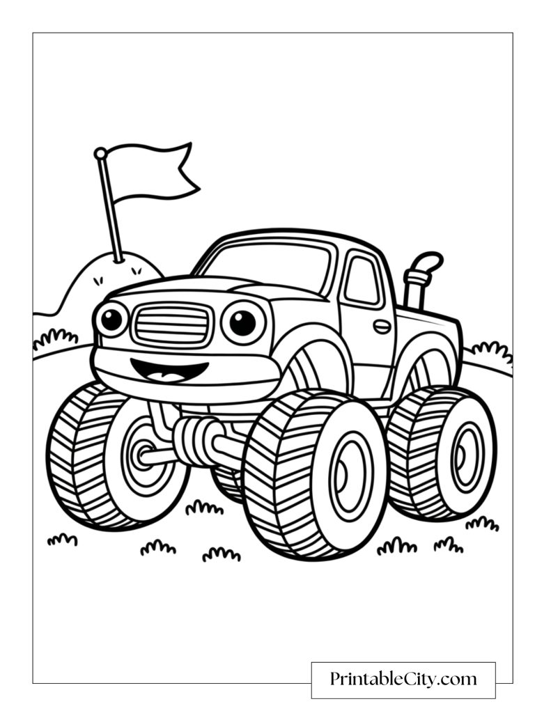 Coloring page of a cheerful monster truck with a smiling face and big tires parked on a dirt hill with a flag in the background.