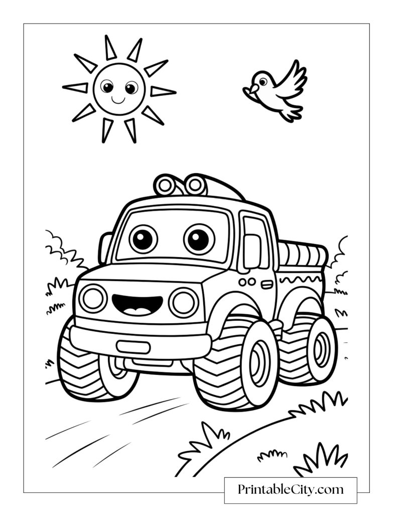 Coloring page of a smiling cartoon monster truck driving on a country road under a happy sun with a bird flying overhead.