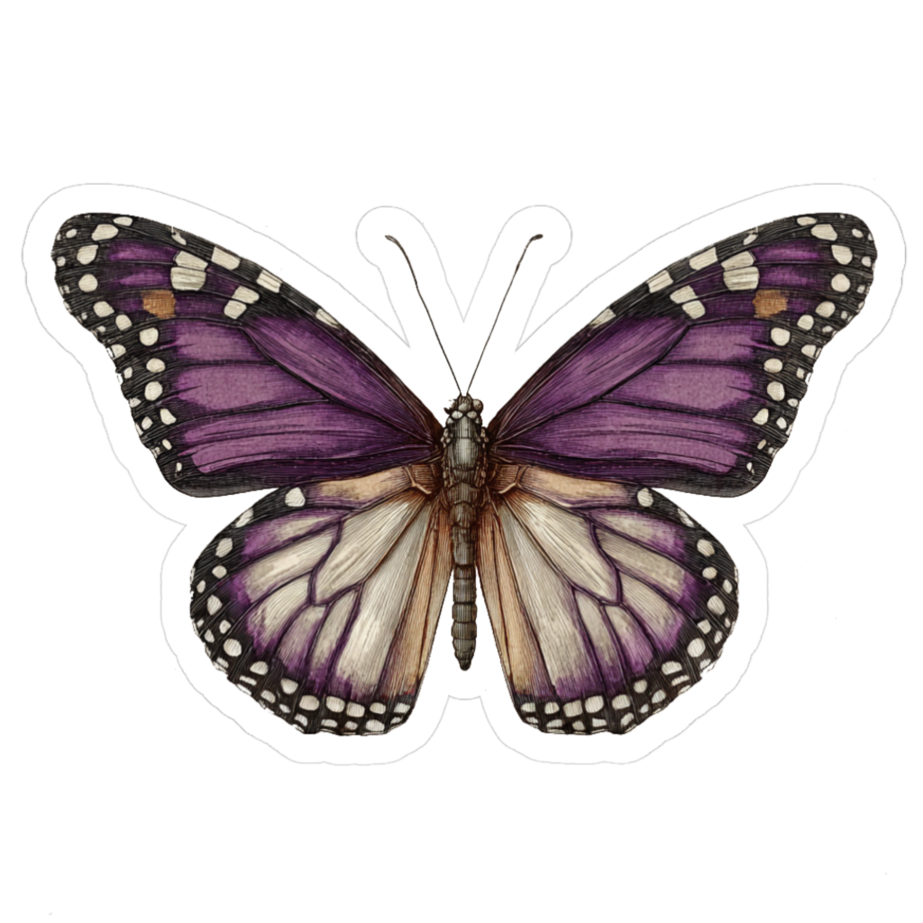 Purple vintage monarch butterfly, top view with cream and violet wings edged in black and white.