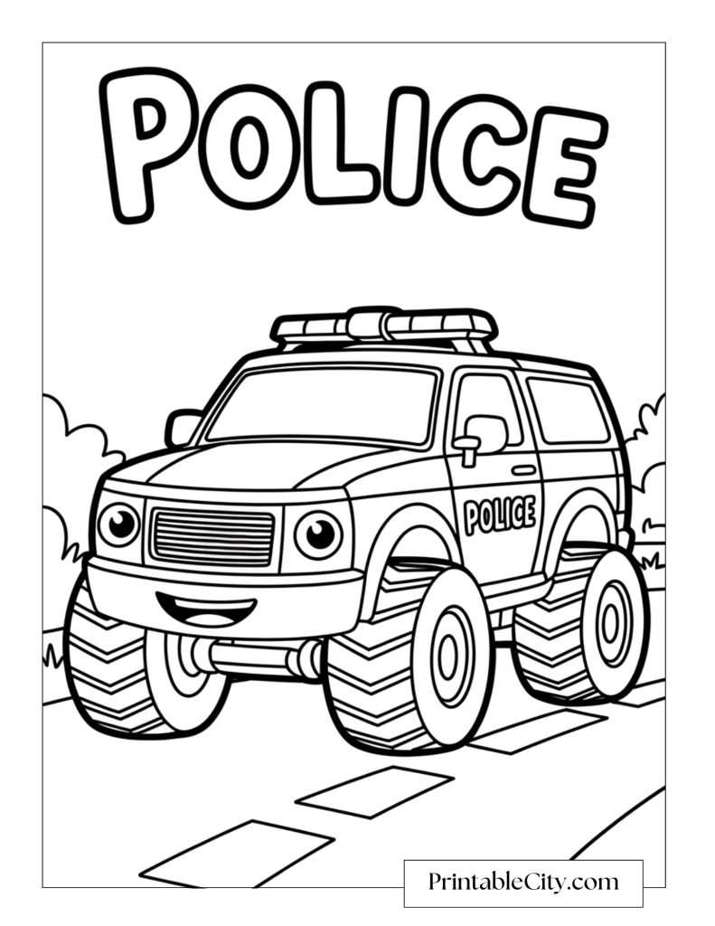 Coloring page of a smiling police monster truck with large wheels and the word “POLICE” written above, designed for kids who love rescue vehicles and big trucks.
