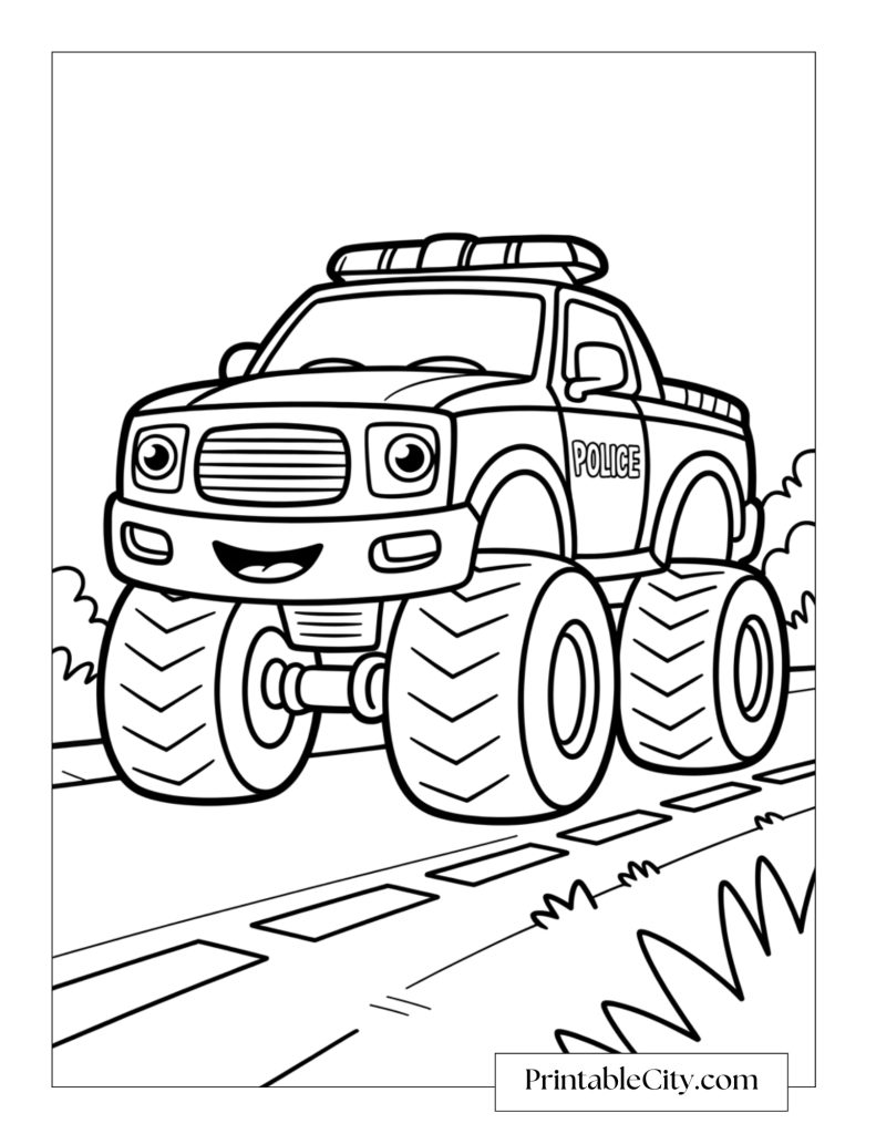Cute police monster truck coloring page featuring a smiling truck with large tires driving along a country road, perfect for young kids who love trucks and rescue vehicles.