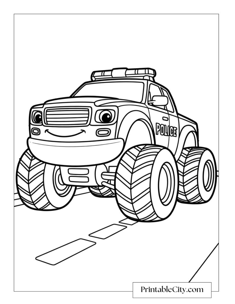 Coloring page of a simple police monster truck coloring page with a smiling truck and large tires, perfect for young kids to color.